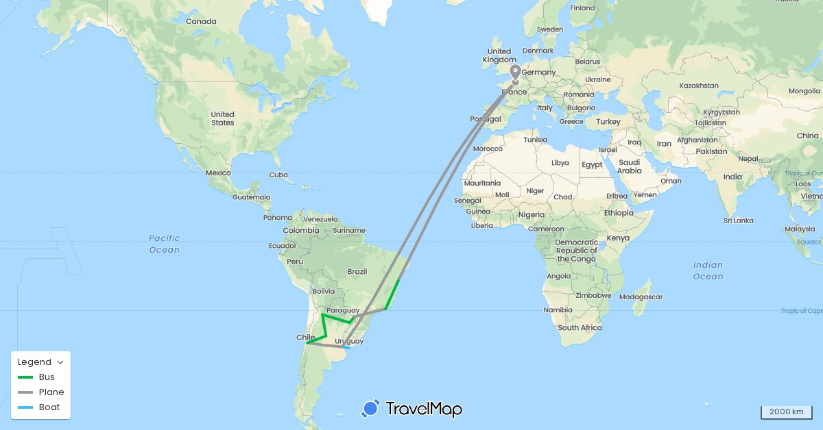 TravelMap itinerary: bus, plane, boat in Argentina, Brazil, Chile, France, Paraguay, Uruguay (Europe, South America)